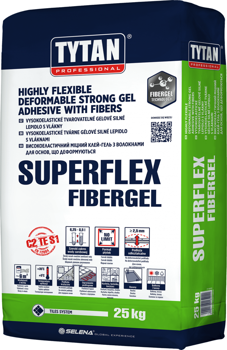 Tytan Professional FiberGel SuperFlex TECHNICAL PARAMETERS: ▪ Application temperature: +5°C to +35°C ▪ Open time: 40 min ▪ Grouting of walls: after 12h ▪ Partial use (pedestrian walk): after 2 days ▪ Layer thickness: 2–15 mm ▪ Tile correction time: 30 min ▪ No flow ▪ Grouting of floors: after 12h ▪ Full use: after 14 days ▪ EN 12004 C2 TE S1 Highly flexible deformable strong gel adhesive with fibres