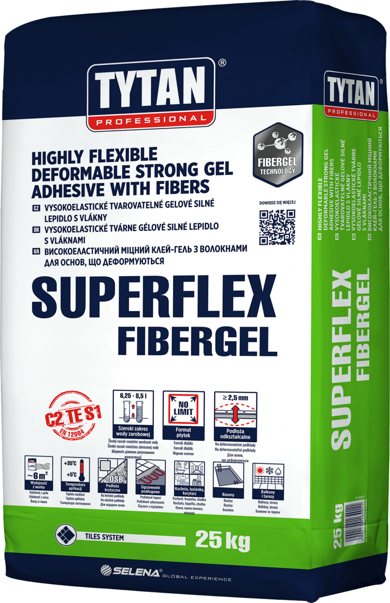 Tytan Professional FiberGel SuperFlex TECHNICAL PARAMETERS: ▪ Application temperature: +5°C to +35°C ▪ Open time: 40 min ▪ Grouting of walls: after 12h ▪ Partial use (pedestrian walk): after 2 days ▪ Layer thickness: 2–15 mm ▪ Tile correction time: 30 min ▪ No flow ▪ Grouting of floors: after 12h ▪ Full use: after 14 days ▪ EN 12004 C2 TE S1 Highly flexible deformable strong gel adhesive with fibres